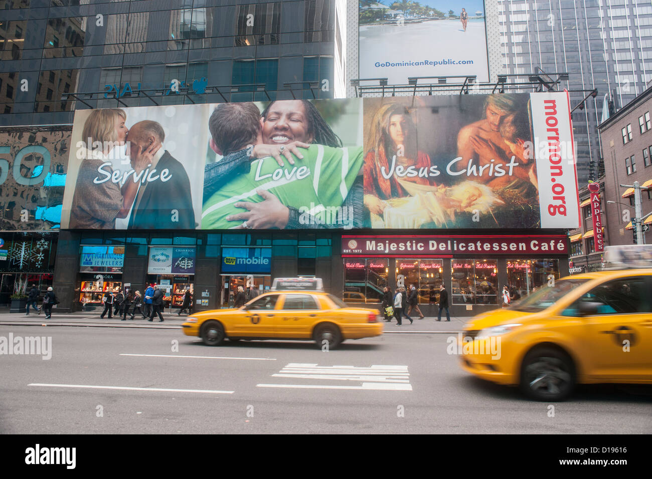A billboard for The Church of Jesus Christ of Latter-day Saints in Times Square in New York Stock Photo