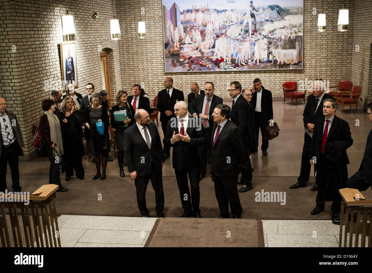 Oslo, Norway. 11/12/2012. Martin Schulz and Jose Manuel Barrosa meets the President of the Storting, Dag Terje Andersen before attending two  meetings, one with the President, and one with Foreign Affairs and Defence Committe. Credit:  Alexander Widding / Alamy Live News Stock Photo