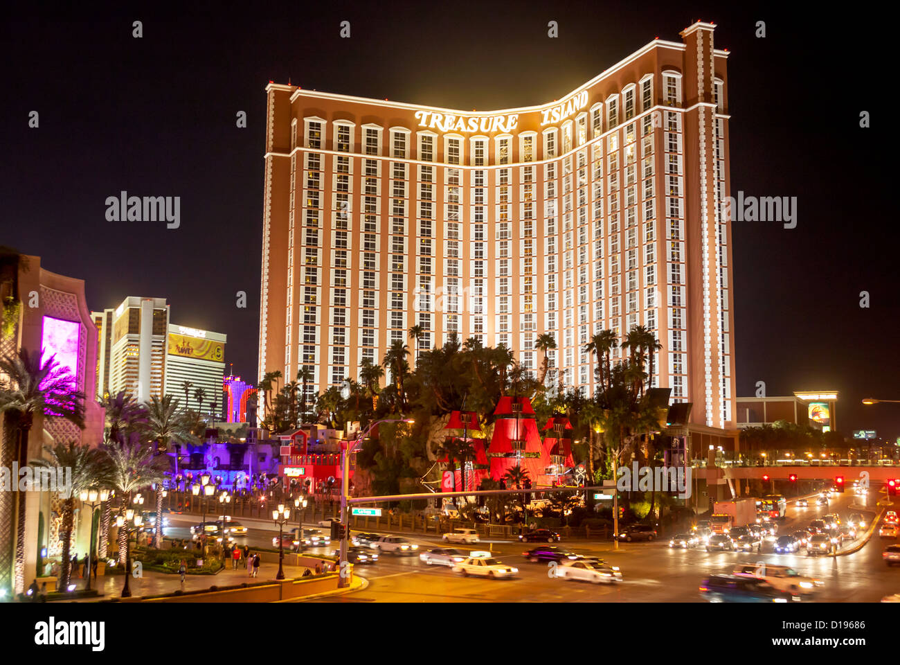 Treasure Island Hotel and Casino at nighttime on Las Vegas Blvd. in Las Vegas, Nevada. Stock Photo