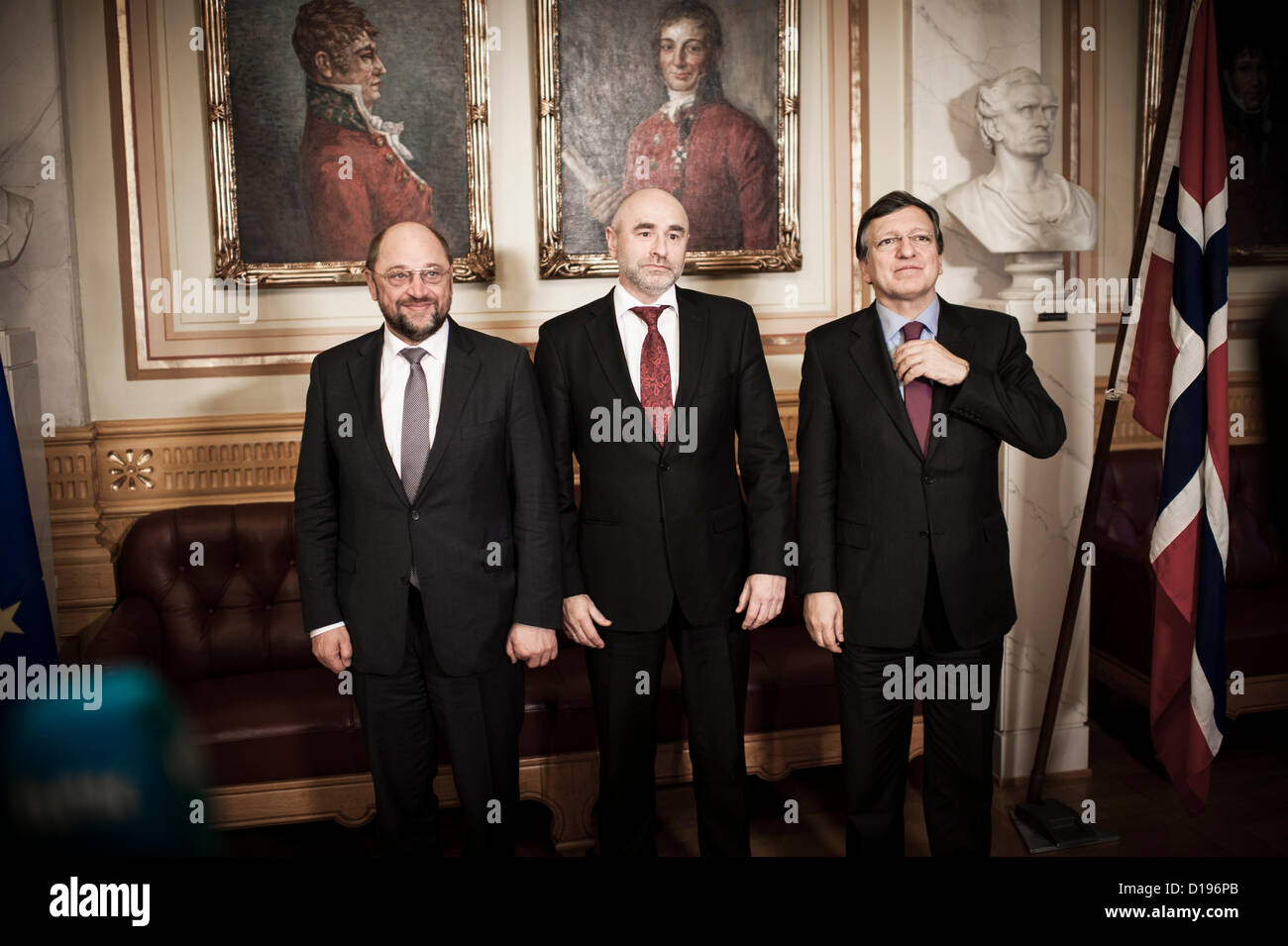 Oslo, Norway. 11/12/2012. Nobel Peace Prize winner Martin Schulz  and Jose Manuel Barrosa meets the press at the Norwegian Parliament along with president of the storting Dag Terje Andersen. Credit:  Alexander Widding / Alamy Live News Stock Photo
