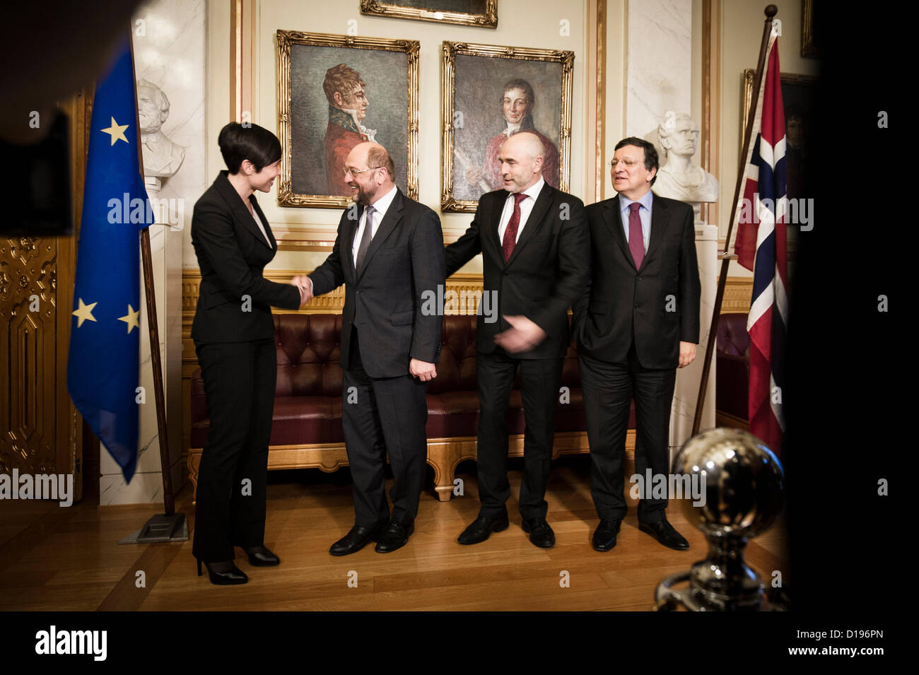 Oslo, Norway. 11/12/2012. Nobel Peace Prize winner Martin Schulz  and Jose Manuel Barrosa meets the press at the Norwegian Parliament along with president of the storting Dag Terje Andersen and Ine Marie Eriksen Soereide Credit:  Alexander Widding / Alamy Live News Stock Photo