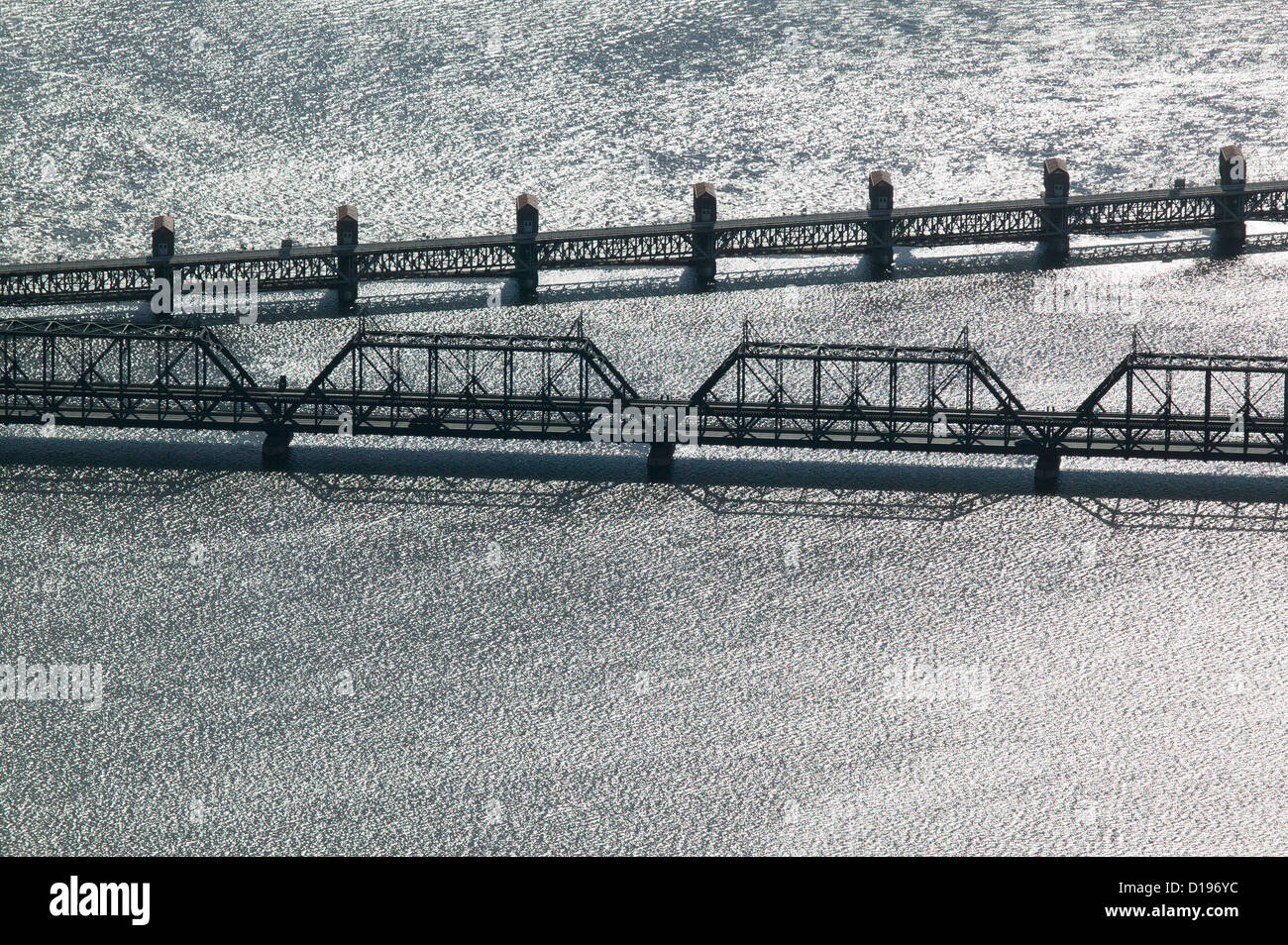 aerial photograph Government Arsenal Bridge and Lock and Dam No. 15, Mississippi River, Davenport, Iowa, Rock Island, Illinois Stock Photo