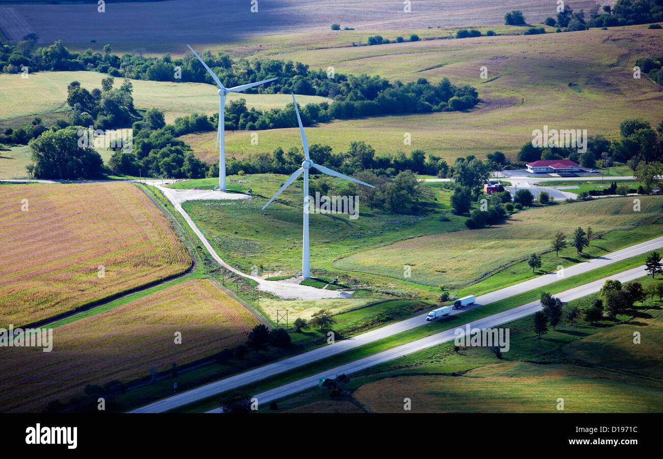 aerial photograph wind turbines western Illinois Stock Photo
