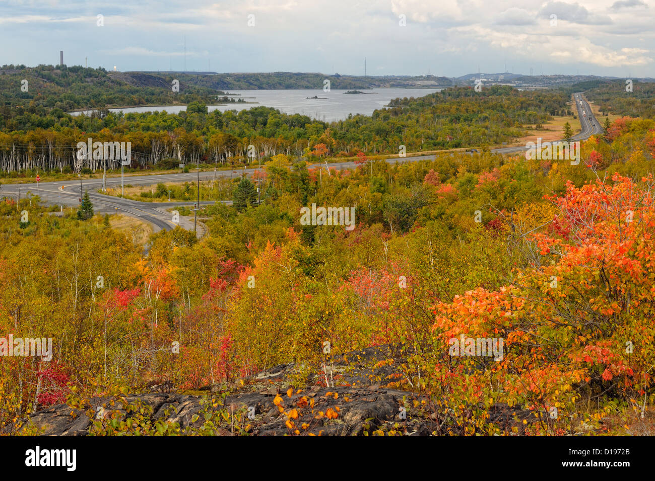 Kelly Lake and the Southwest Bypass from a high vantage point, Greater Sudbury, Ontario, Canada Stock Photo