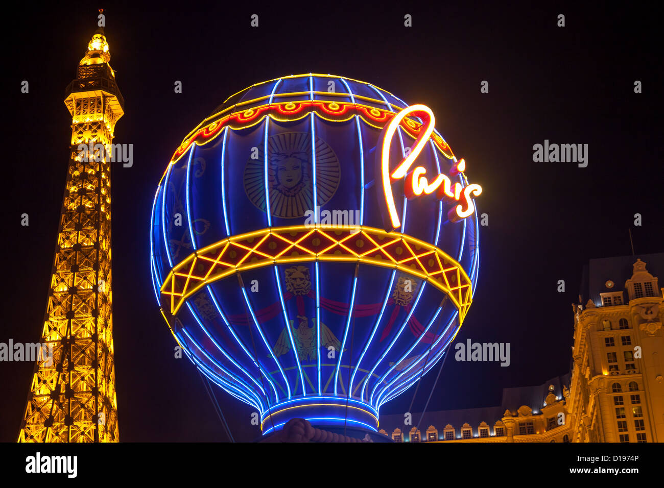 The Paris Resort and Casino at nighttime on Las Vegas Blvd. in Las Vegas, Nevada. Stock Photo