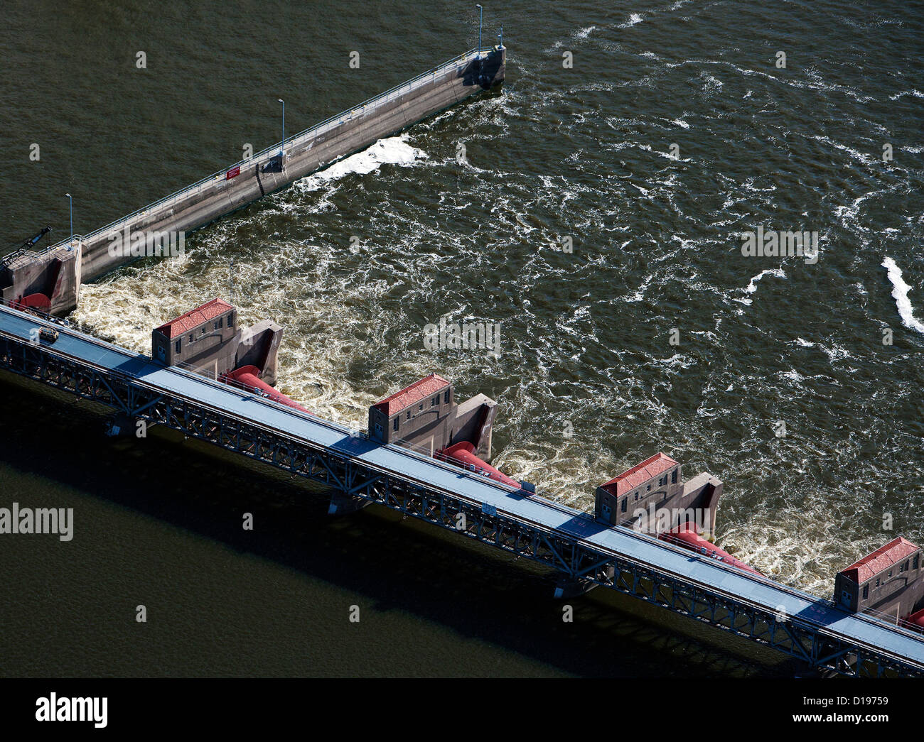 aerial photograph Lock and Dam No. 15, Mississippi River, Davenport, Iowa, Rock Island, Illinois Stock Photo