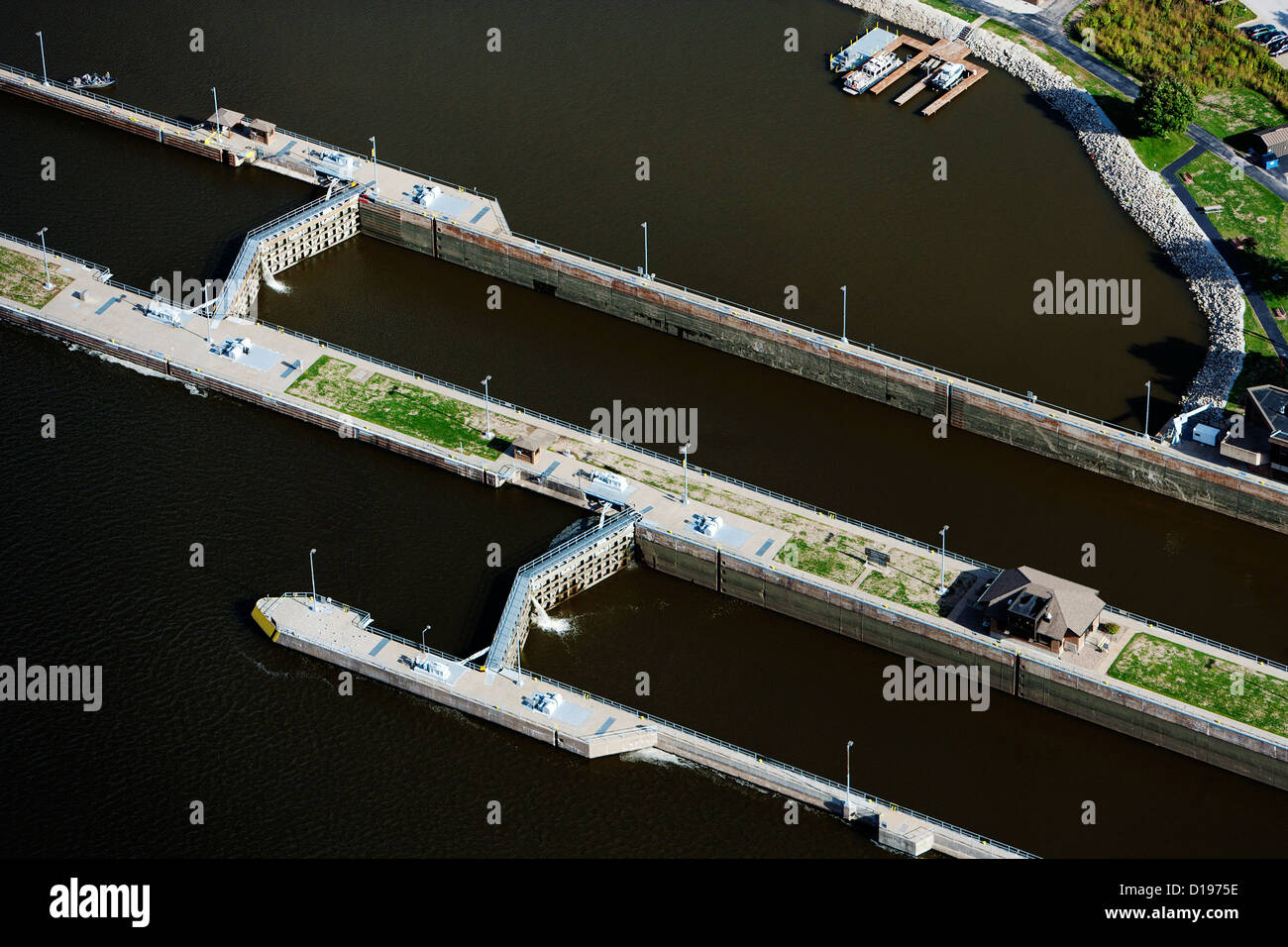 aerial photograph Lock and Dam No. 15, Mississippi River, Davenport, Iowa, Rock Island, Illinois Stock Photo