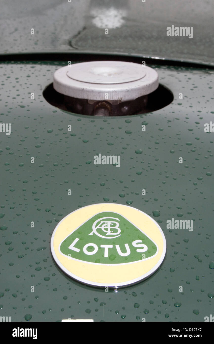 A lotus badge and fuel cap on a classic kit car. Stock Photo