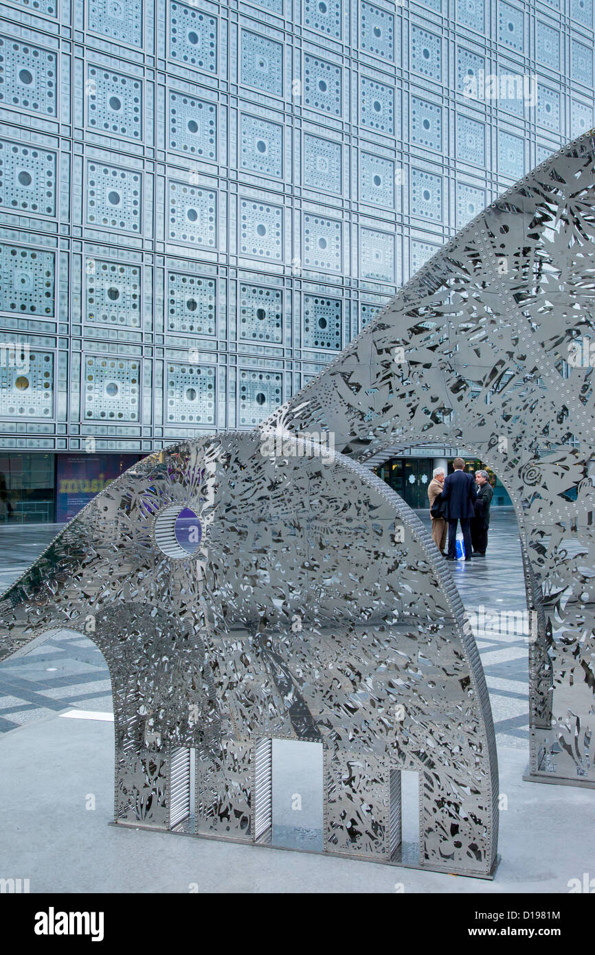 Graphical architecture and elephant sculptures at Institut du Monde Arabe - Arab World Institute, Paris France Stock Photo
