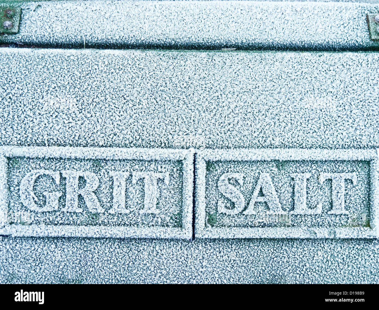Roadside grit salt box with winter frost. Stock Photo