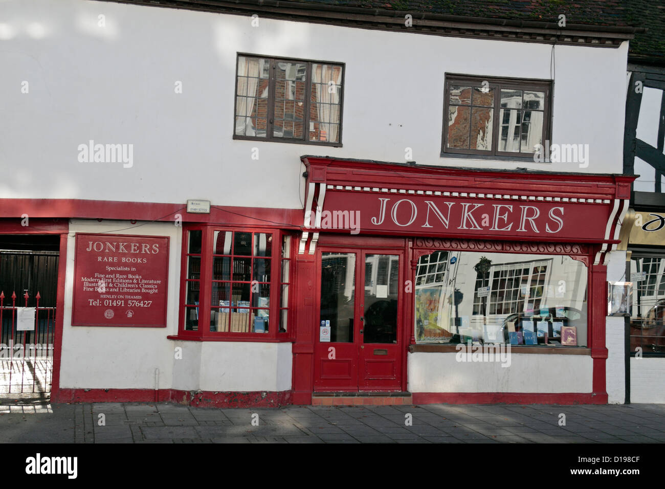 The shop front of Jonkers rare book shop on Hart Street, Henley-on-Thames, Oxfordshire, UK. Stock Photo