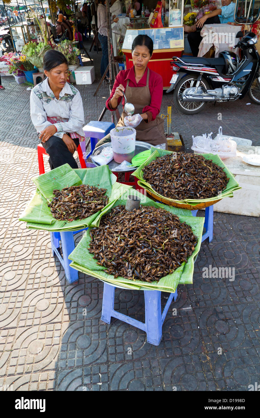 Sale of roasted Cockroaches on a Market in Phnom Penh, Cambodia Stock