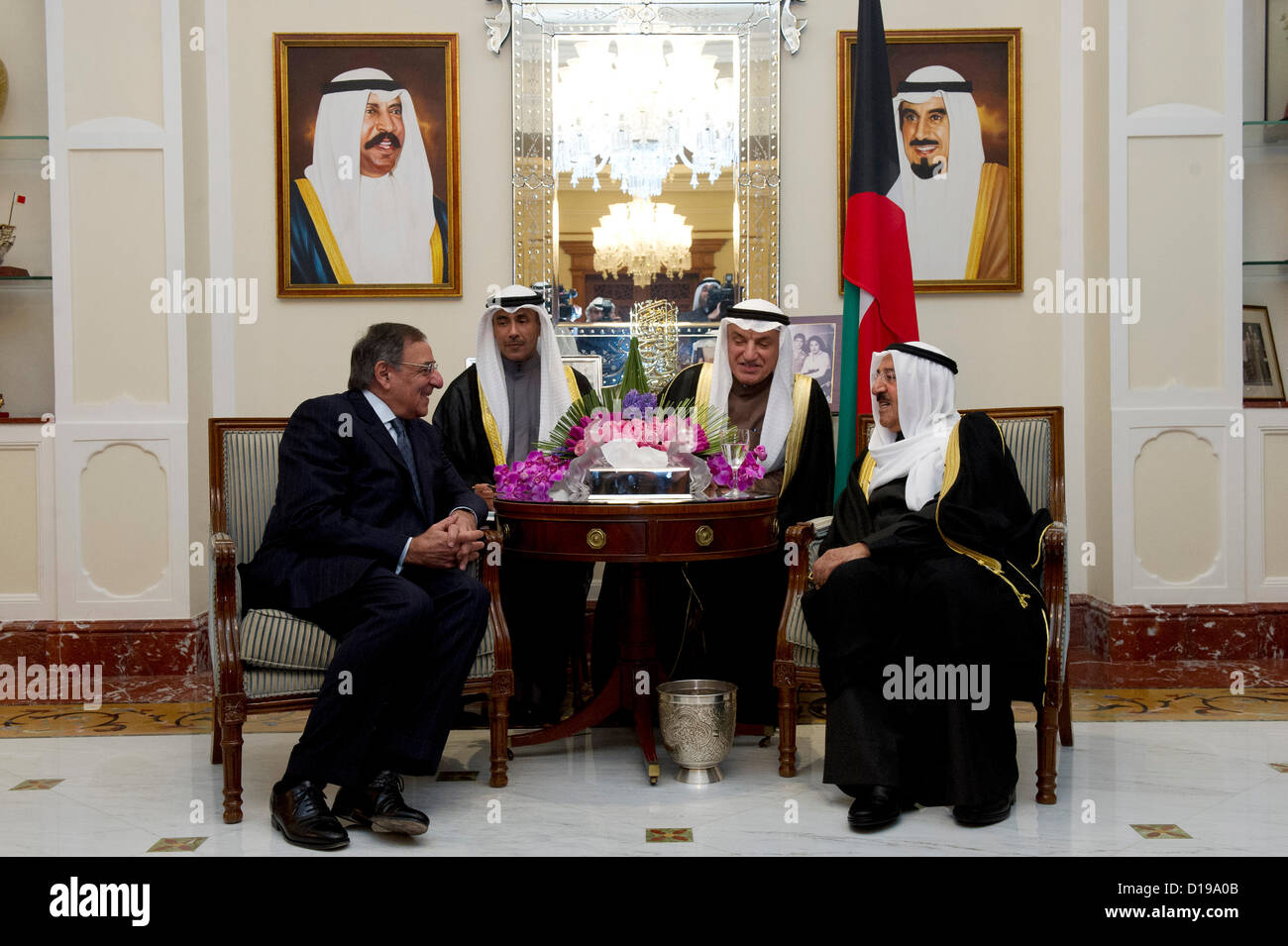 US Secretary of Defense Leon E. Panetta meets with the Emir of Kuwait, Sabah Al-Ahmad Al-Jaber Al-Sabah December 11, 2012 in Kuwait City, Kuwait. Stock Photo