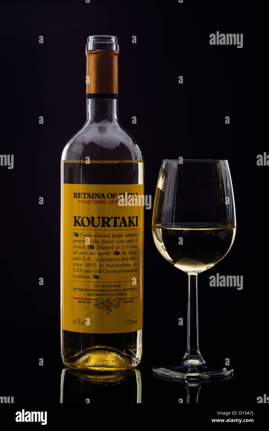 Kourtaki retsina wine of Attica. Traditional Greek wine flavoured with