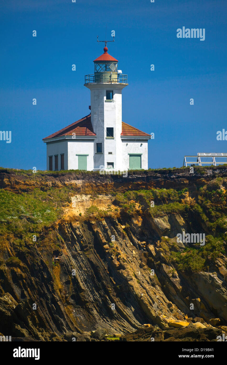 OR00675-00...OREGON - Rocky shoreline and Cape Arago Lighthouse on the Pacific Coast near Sunset Bay State Park. Stock Photo