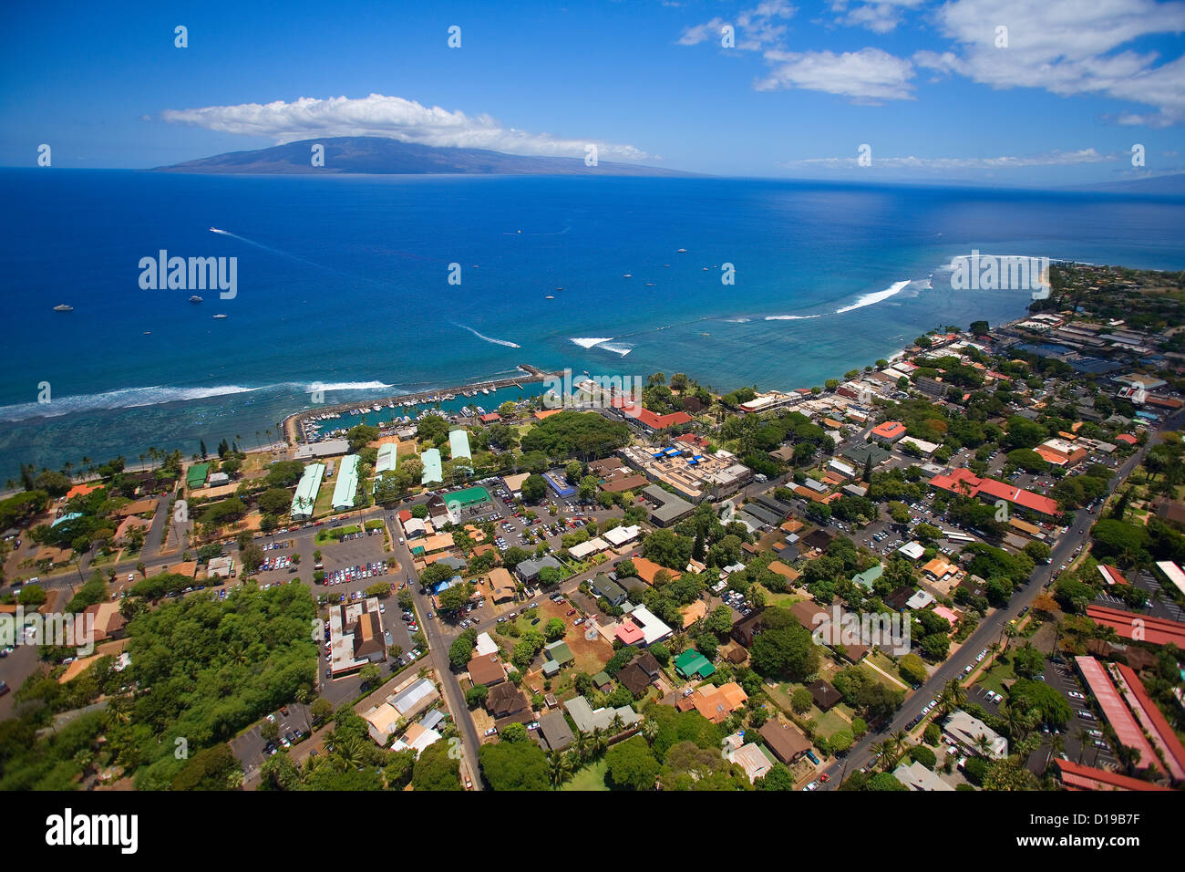 Hawaii, Maui, Aerial Of Lahaina, Lanai In Distance. Stock Photo