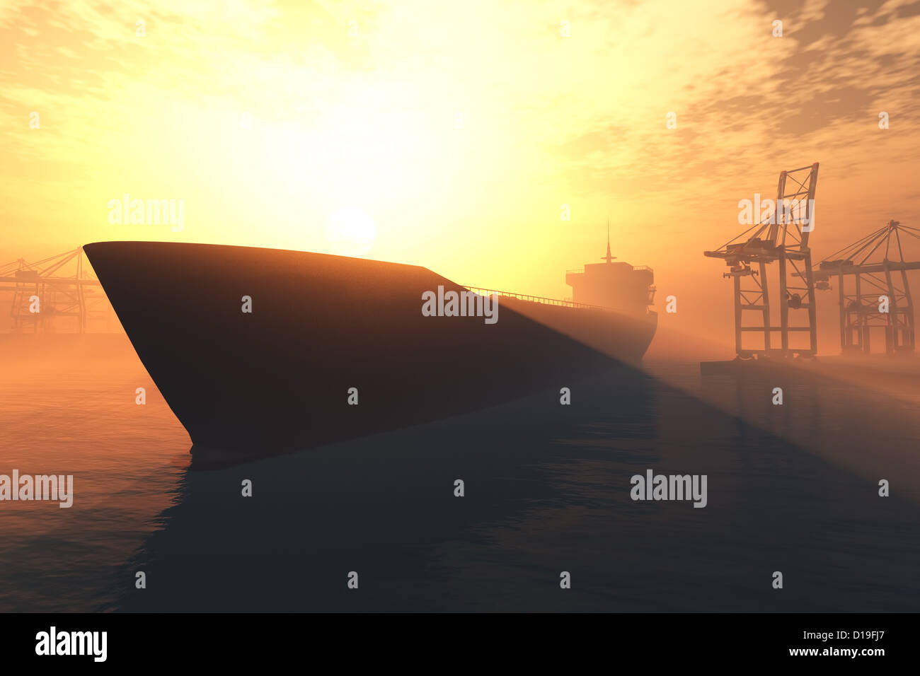 Cargo Ship approaching into Industrial Port in sunset sunrise 3D render ...
