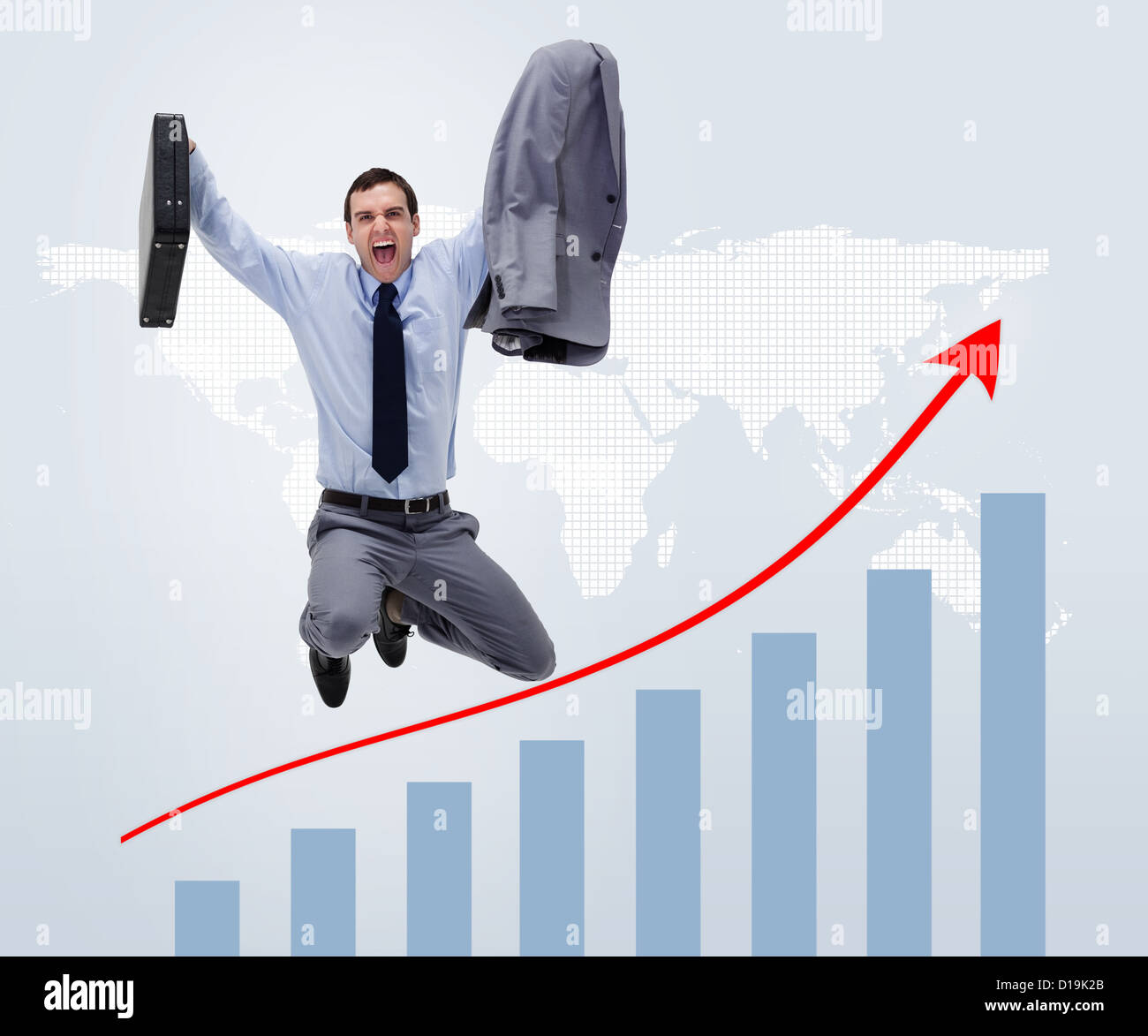 Businessman jumping above graphical presentation Stock Photo