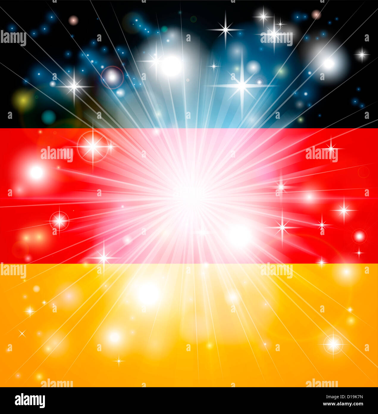 Flag of Germany background with pyrotechnic or light burst and copy space in the centre Stock Photo