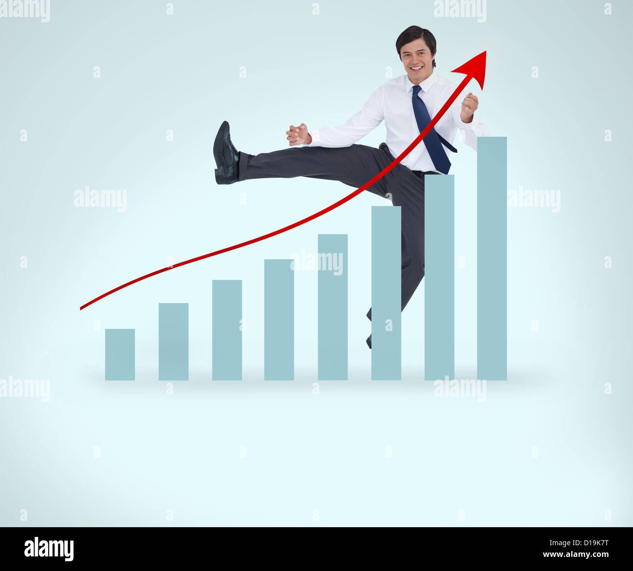 Smiling man in suit jumping over the graph Stock Photo - Alamy