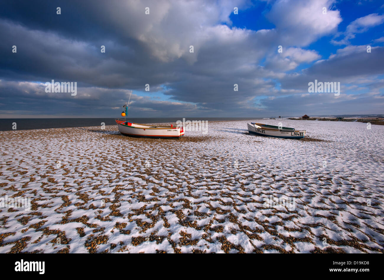 Crab boats on Cley Beach in Winter north Norfolk coast UK Stock Photo