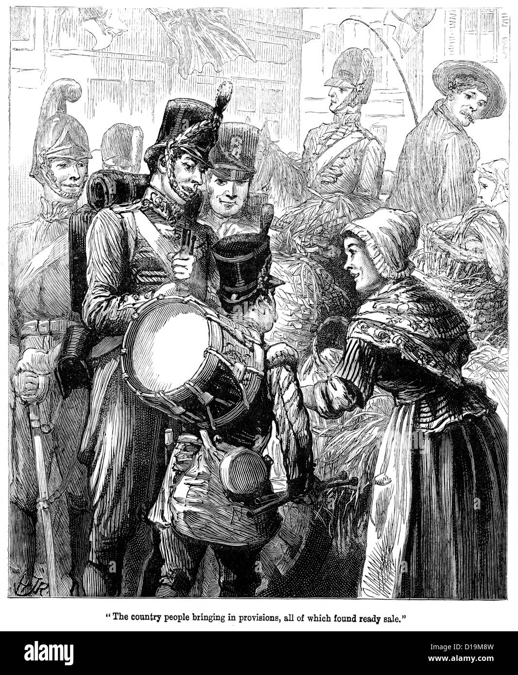 Victorian engraving of people selling provisions to British soldiers from the Napoleonic period Stock Photo