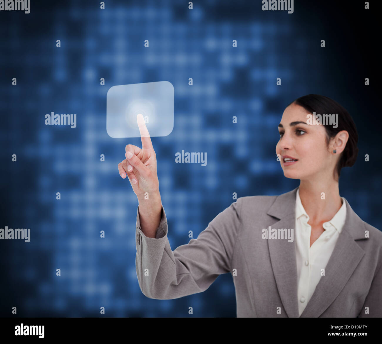 Businesswoman pressing white button on touch screen Stock Photo Alamy