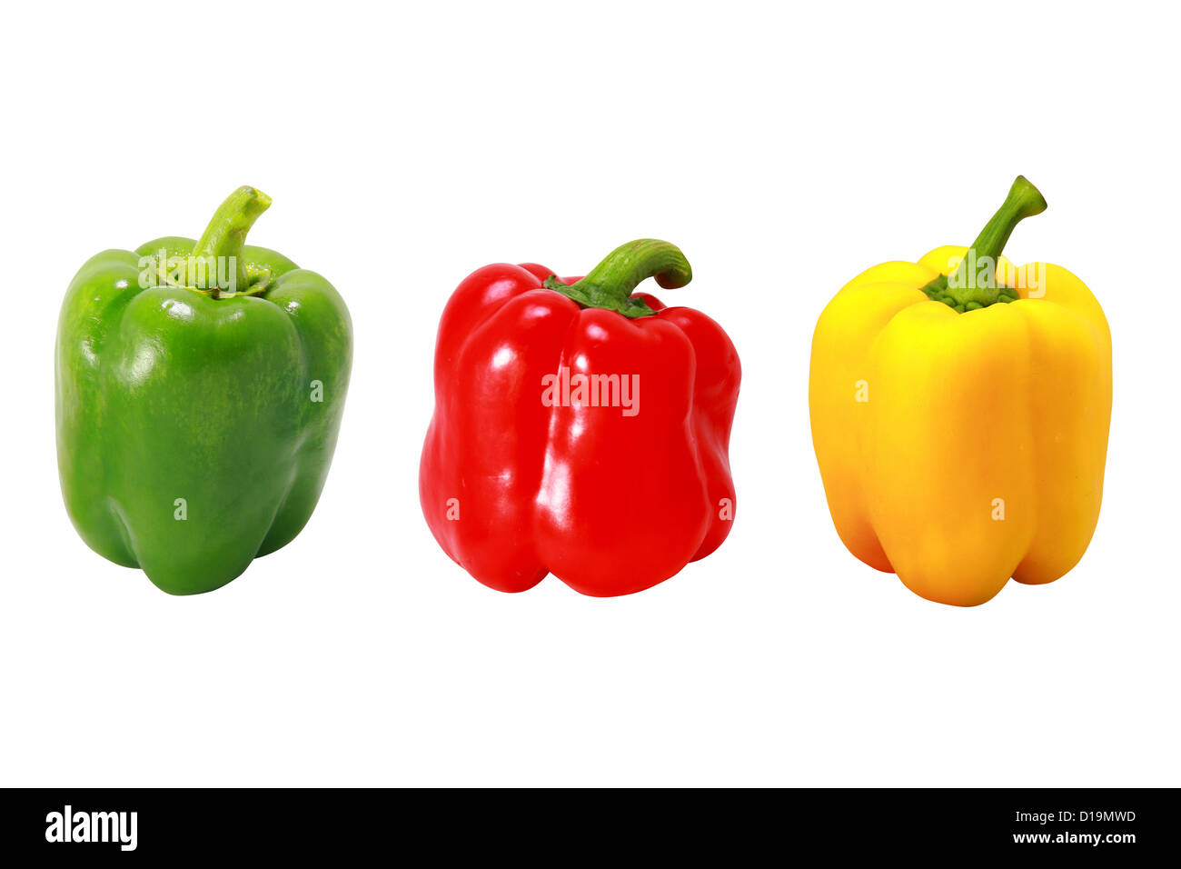 Fresh red green and yellow peppers isolated on white background Stock ...