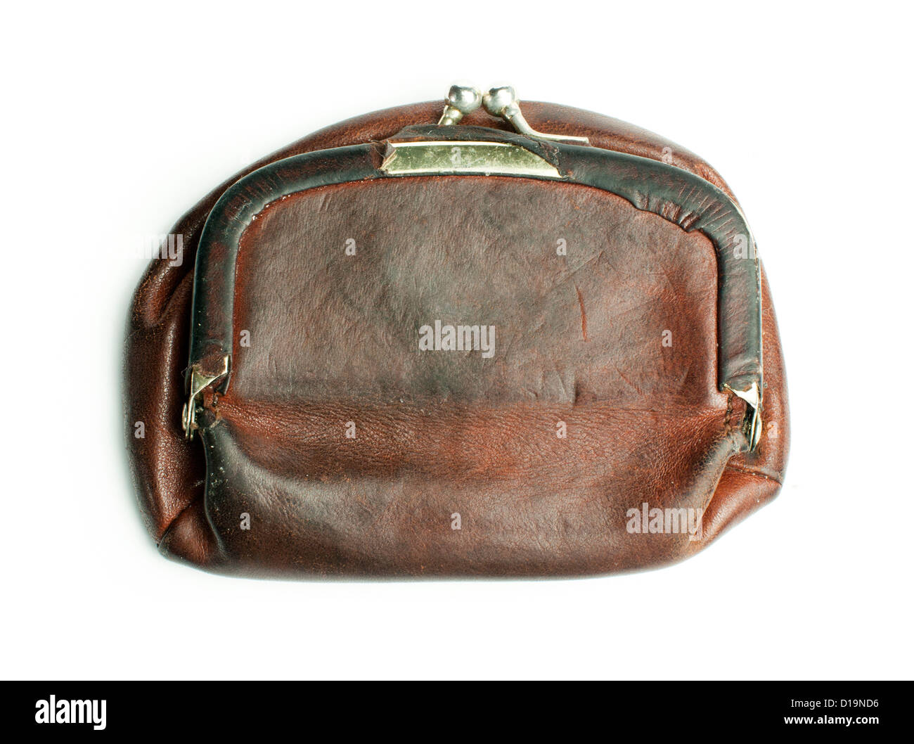 Old ladies brown leather purse on white background Stock Photo