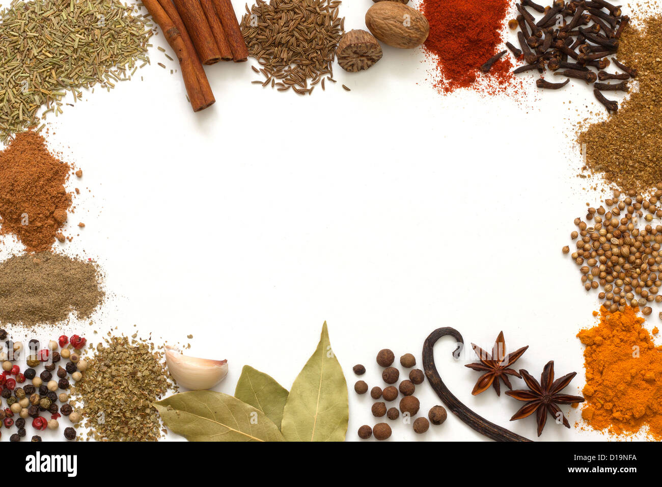 Herbs and spices border on white background Stock Photo - Alamy