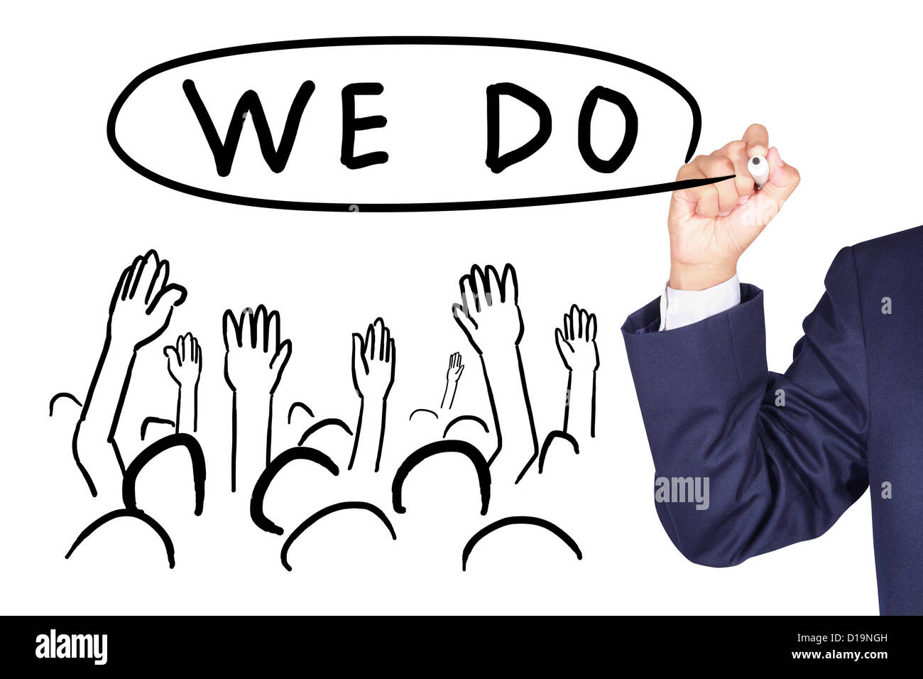 Businessman sketch group of staff raise hand on white board Stock Photo