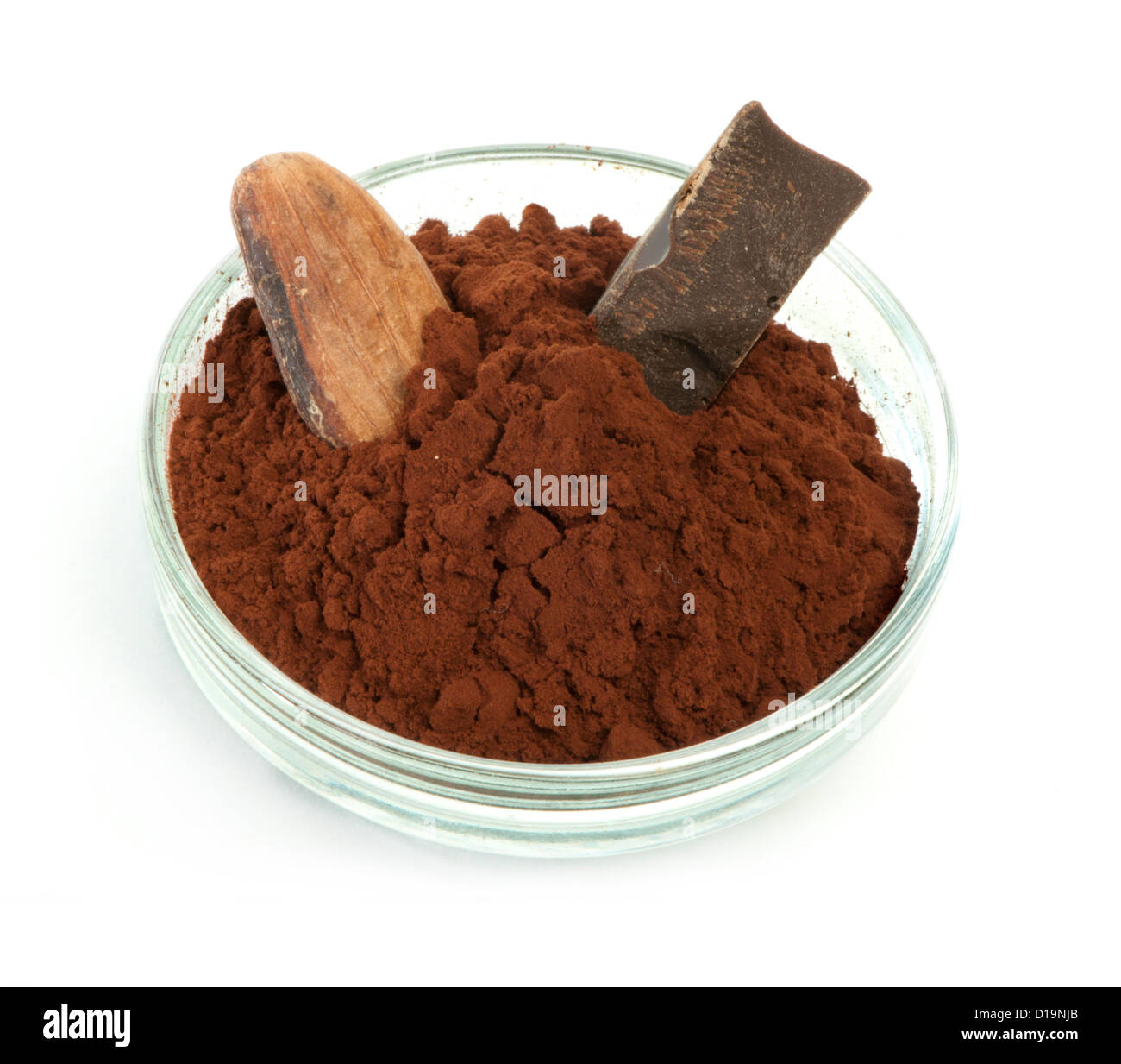 Cocoa bean, cocoa powder in bowls and piece of chocolate white isolated Stock Photo