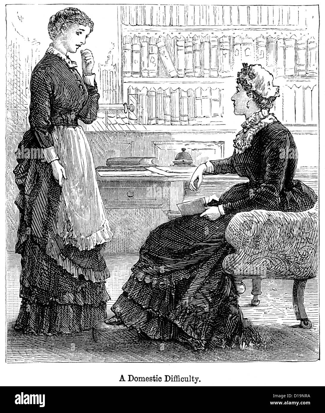 Victorian engraving of lady reprimanding her domestic servant, 1897