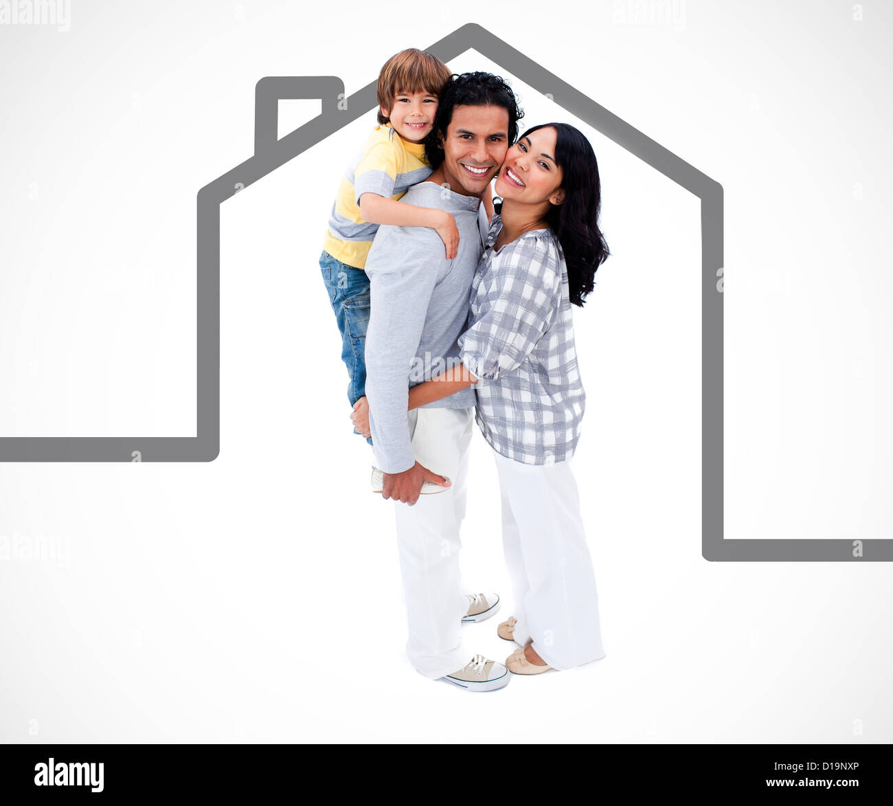 Happy family standing with a grey house illustration Stock Photo - Alamy