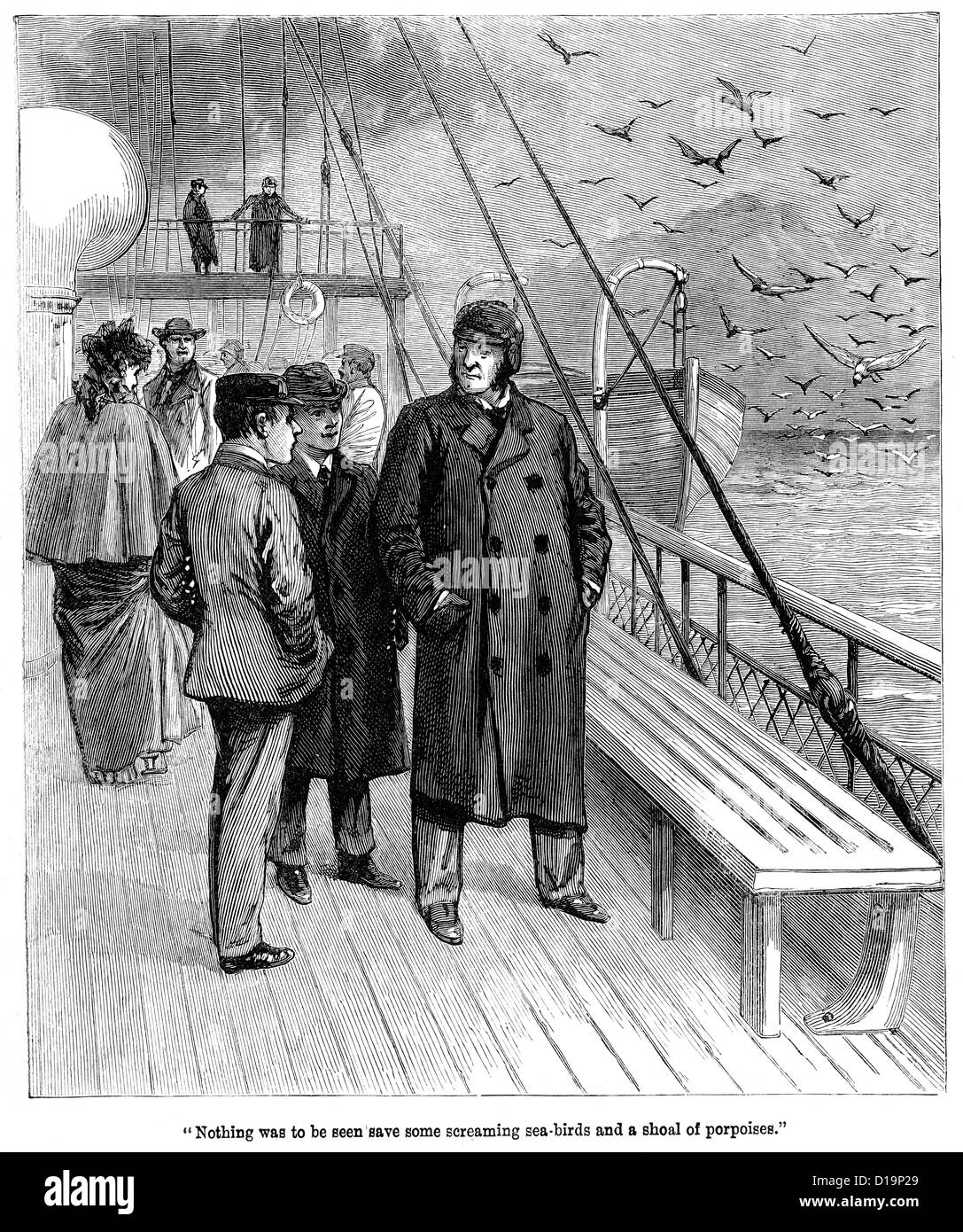 Victorian engraving of gentlemen taking a stroll on the deck of a passenger ship, 1897 Stock Photo
