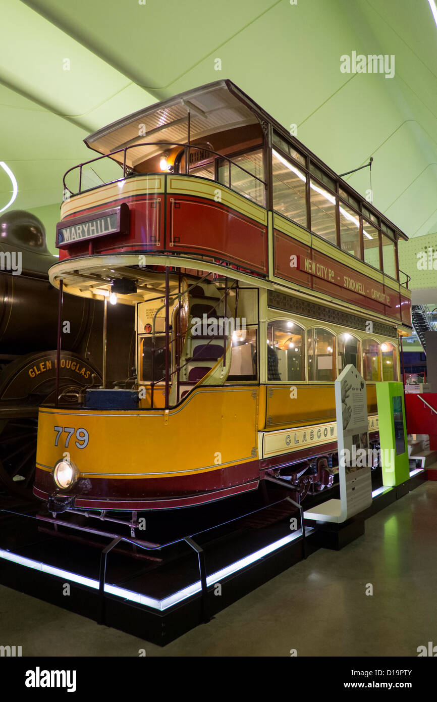 Old Glasgow tram on display at new transport museum at Riverside Museum in Glasgow; Architect Zaha Hadid Stock Photo