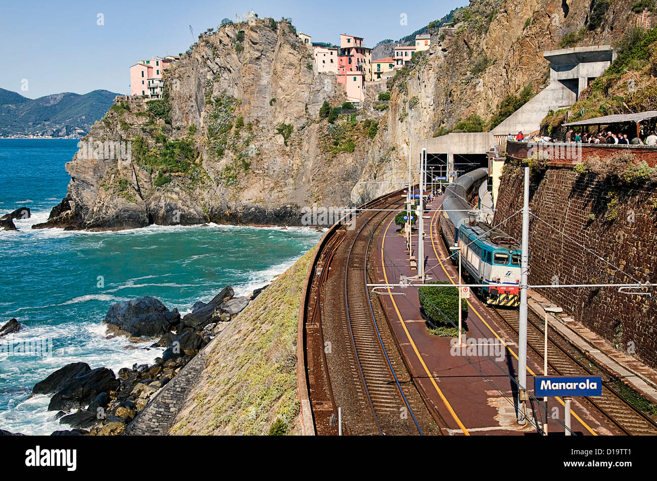 Italy; Cinque Terre; Manarola; railway train; rail track; seaside Stock Photo