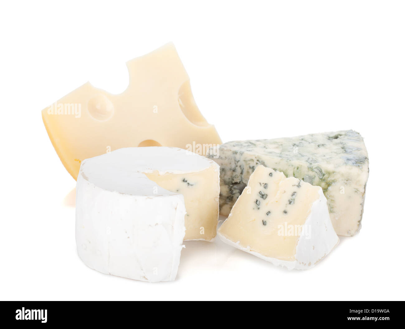 Various types of cheeses. Isolated on a white background. Stock Photo