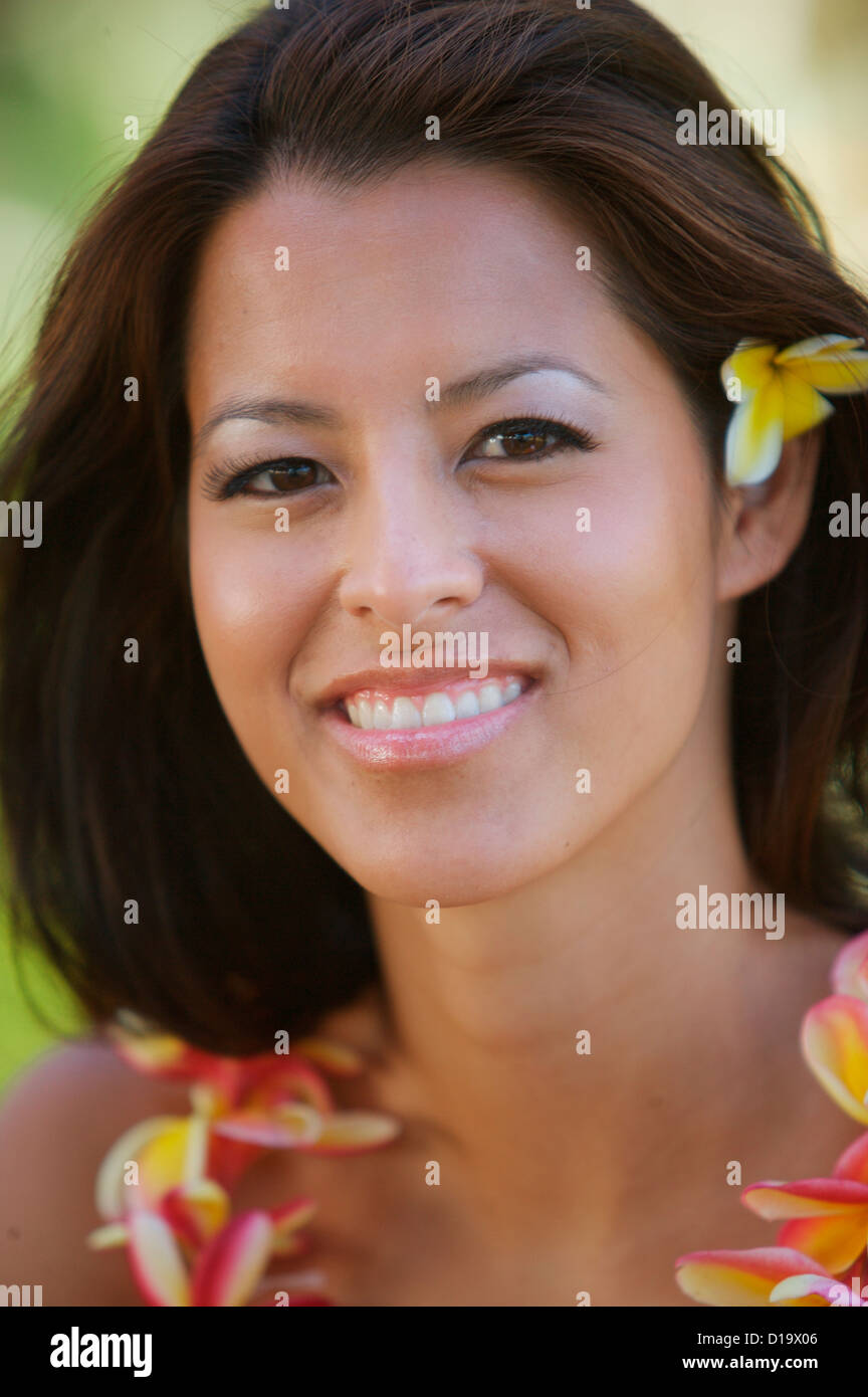 Hawaii, Oahu, Local Girl With Yellow Plumeria Behind Her Ear And A