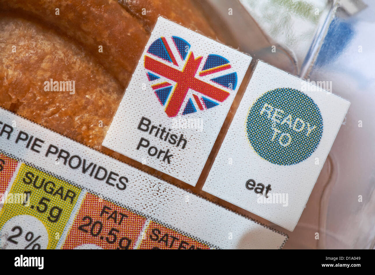 British pork ready to eat - information on packet of pork pies Stock Photo