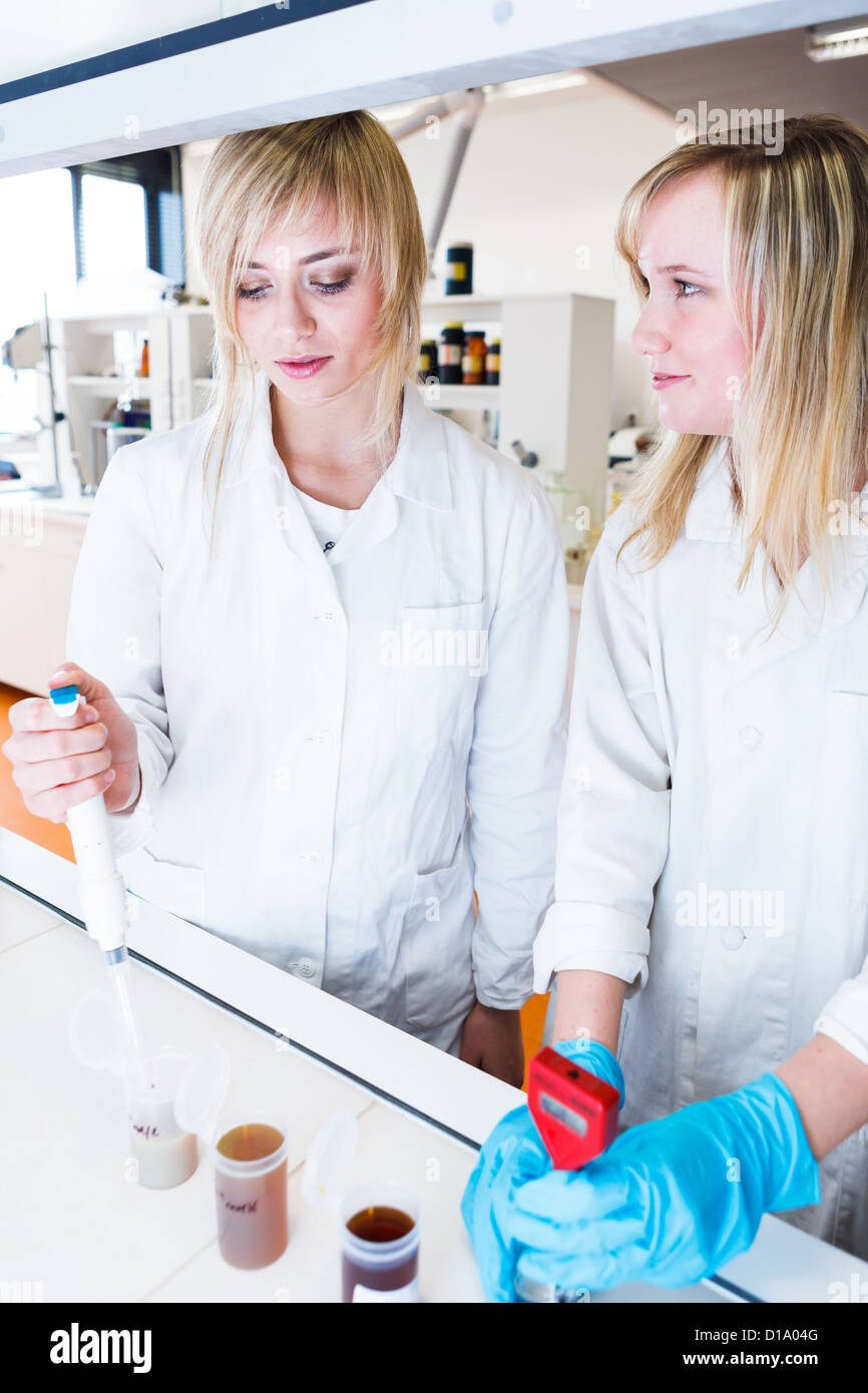 Two female researchers working in a laboratory (color toned image Stock