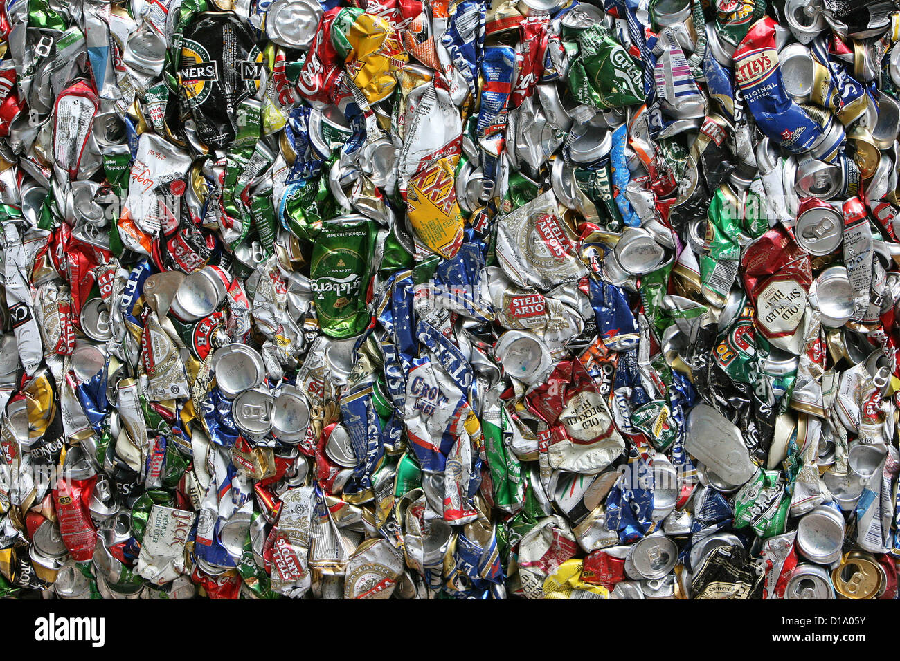 A bale of crushed aluminium cans in the recycling process Stock Photo