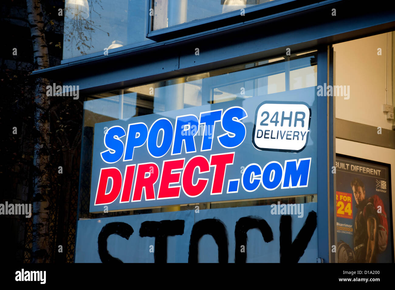 Close up of Sports Direct shop store sign signage window shopfront exterior England UK United Kingdom GB Great Britain Stock Photo