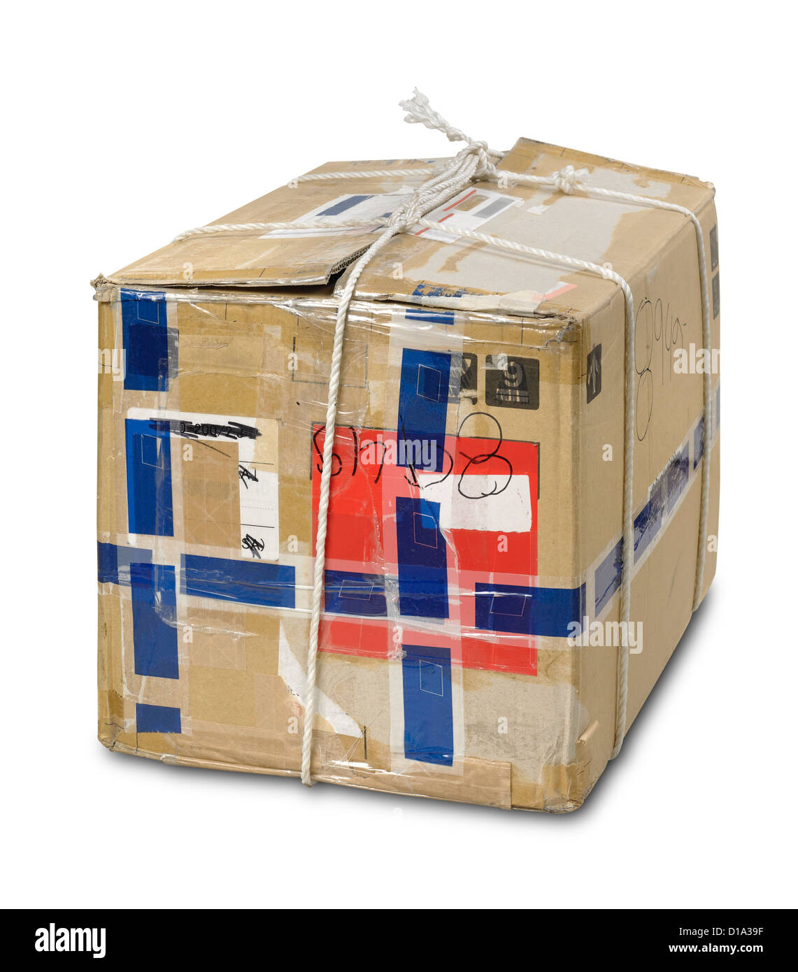 Old box containing products. The box is not in good condition. The parcel has been isolated on white. Stock Photo