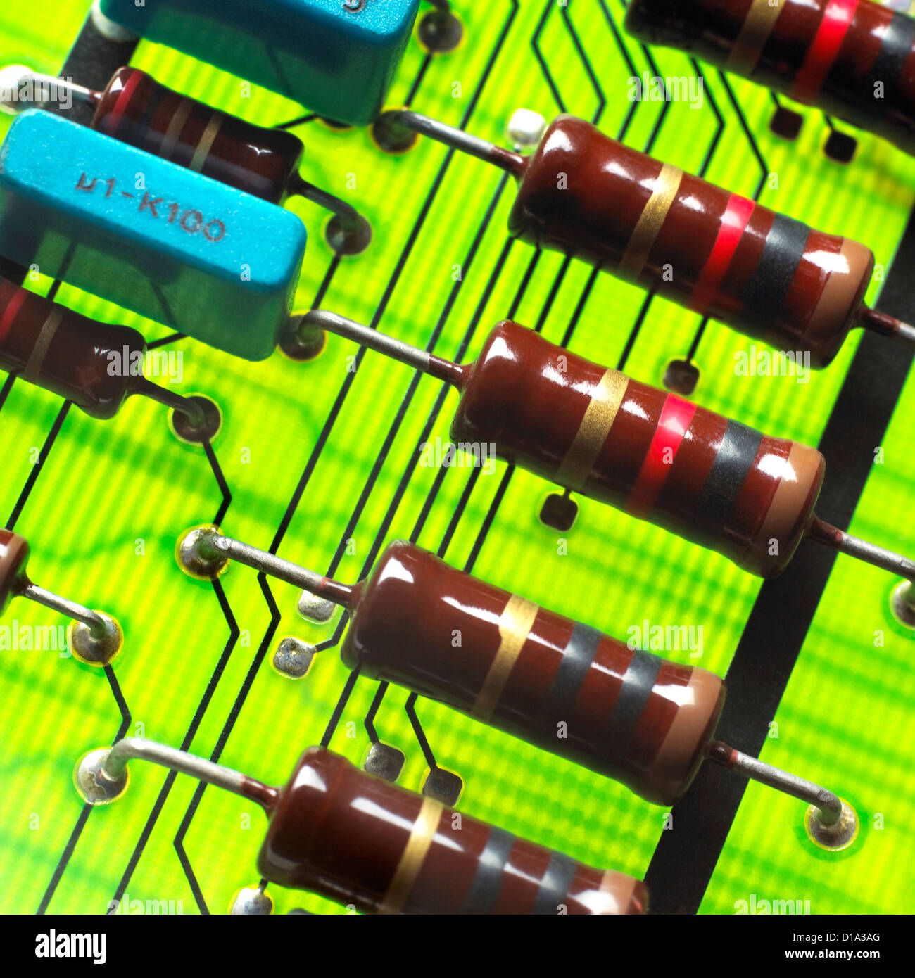 Circuit board photographed close up. The photograph is square and full frame. Stock Photo