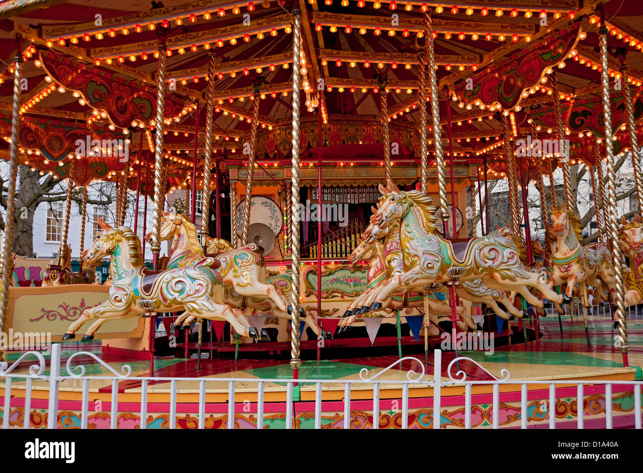 Carousel roundabout funfair fairground rides Merry go round ride rides York North Yorkshire England UK United Kingdom GB Great Britain Stock Photo