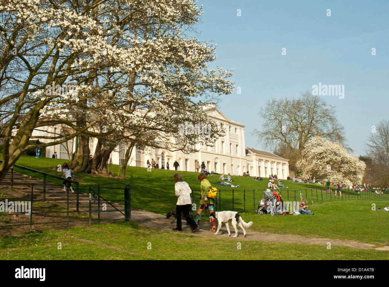Kenwood House, London, UK, people enjoying sunny day in spring