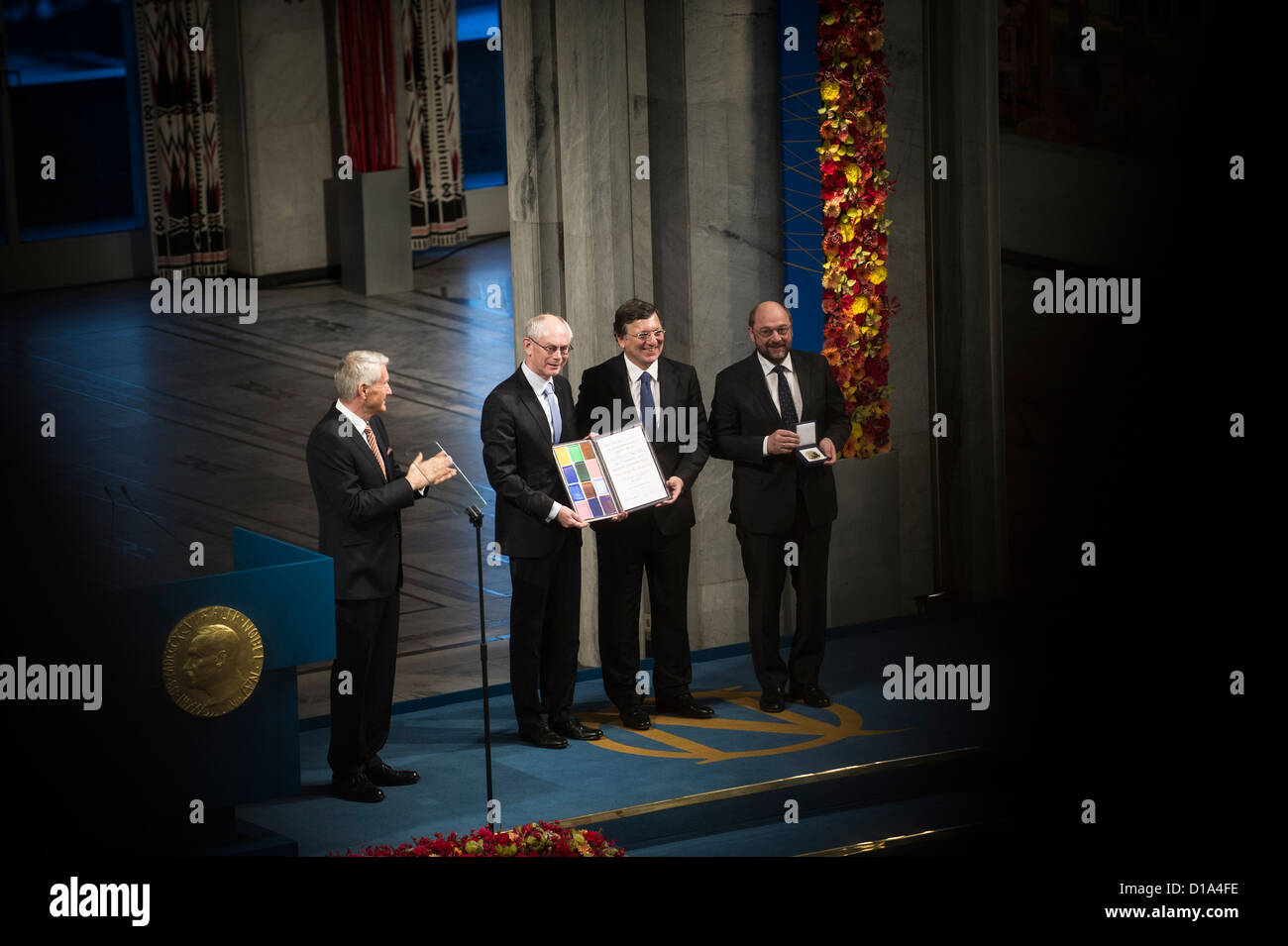 11/12/2012. Oslo, Norway. Nobel Peace Prize winners along with Thorbjoern Jagland at Nobel Peace Prize ceremony in Oslo. Stock Photo