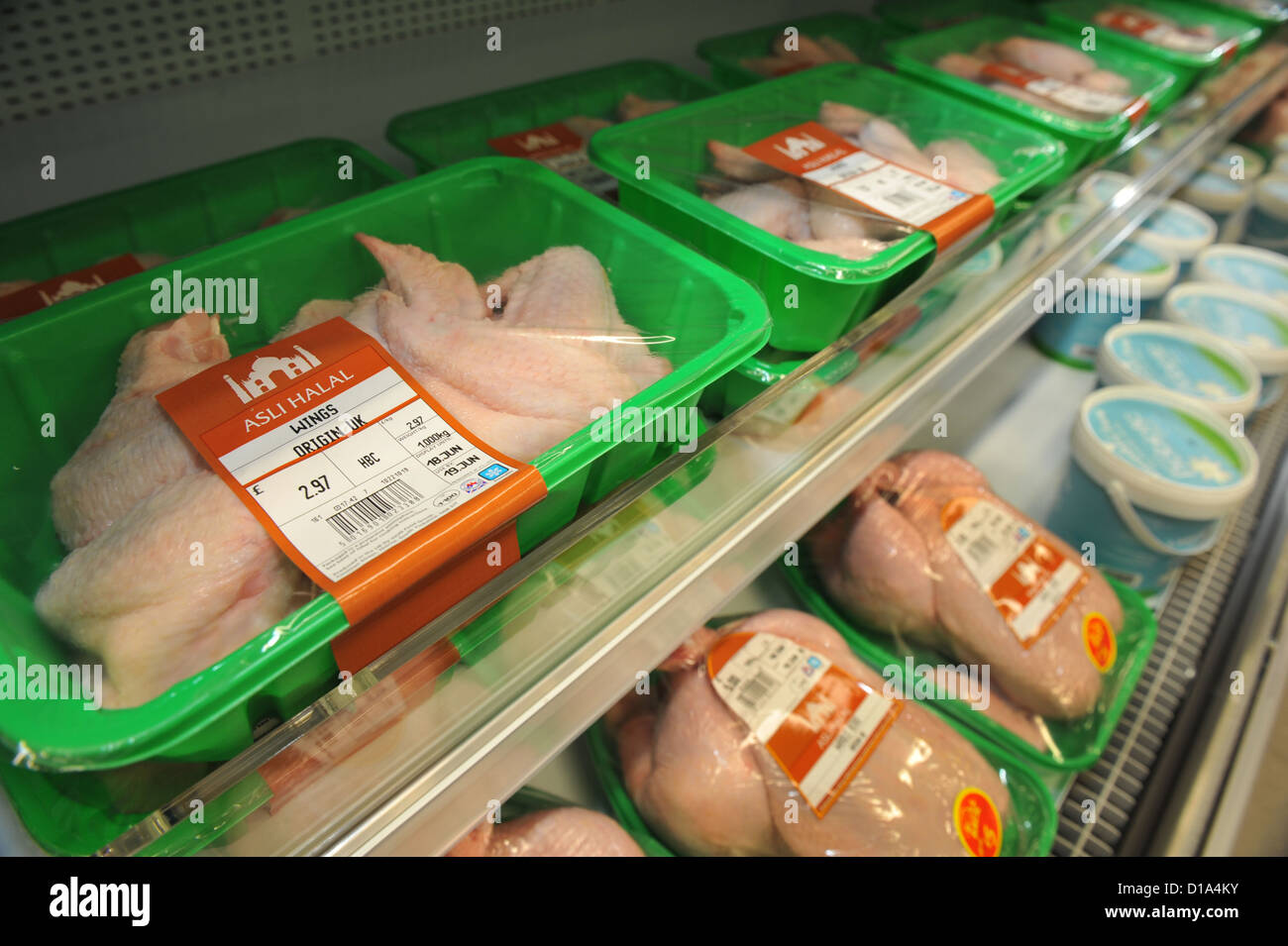 Halal chicken on sale in Asda Supermarket Bradford, UK Stock Photo