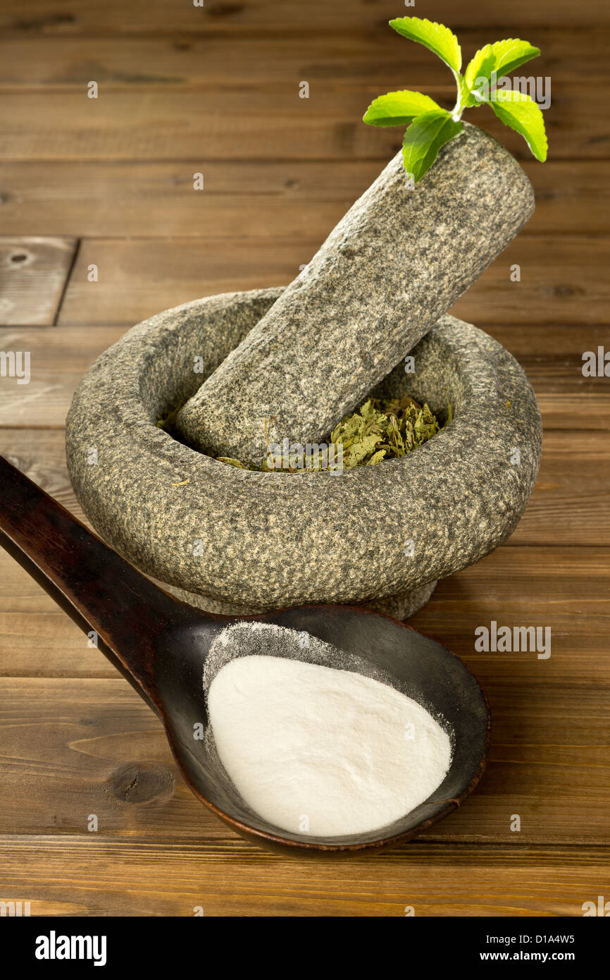 Natural sweetener Stevia as white powder and dried herb leaves Stock